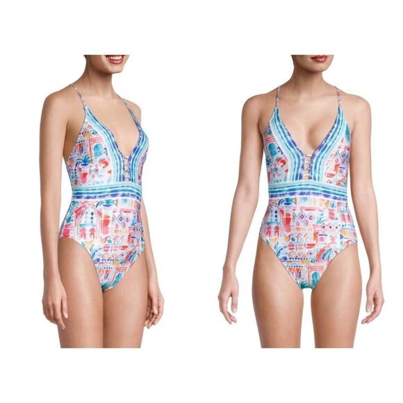 💕LA BLANCA💕 Terra Print Plunge Neck One-Piece Swimsuit ~ 10 Tera Italia NWT - Picture 3 of 14